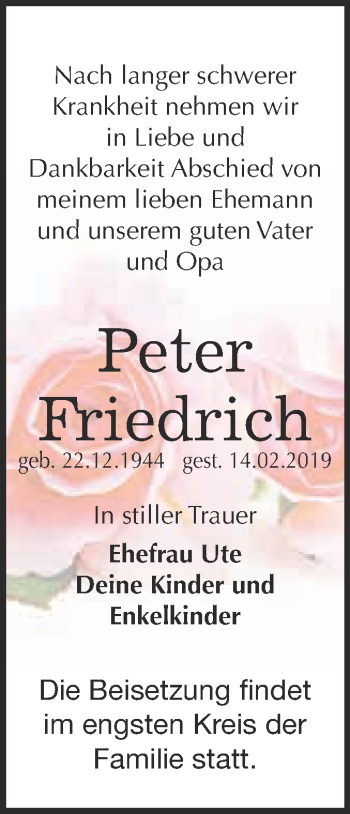 Traueranzeige von Peter Friedrich von Super Sonntag Wittenberg