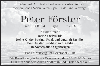 Traueranzeige von Peter Förster von WVG - Wochenspiegel Merseburg
