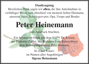 Traueranzeige von Peter Heinemann von Mitteldeutsche Zeitung Dessau-Roßlau