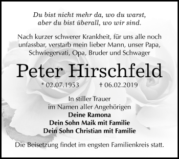 Traueranzeige von Peter Hirschfeld von Mitteldeutsche Zeitung Halle/Saalkreis