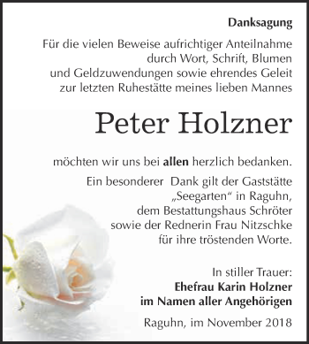 Traueranzeige von Peter Holzner von WVG - Wochenspiegel Bitterfeld