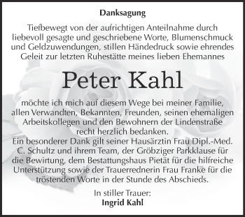 Traueranzeige von Peter Kahl von WVG - Wochenspiegel Dessau / Köthen