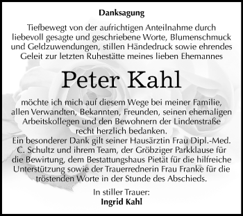 Traueranzeige von Peter Kahl von Mitteldeutsche Zeitung Köthen