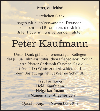 Traueranzeige von Peter Kaufmann von Mitteldeutsche Zeitung Quedlinburg