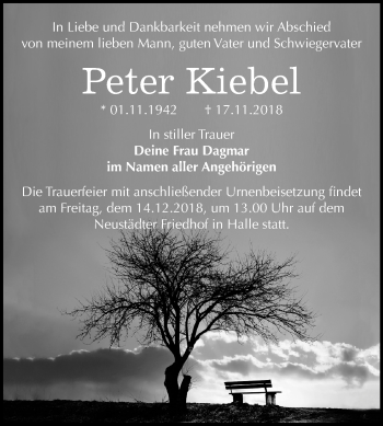 Traueranzeige von Peter Kiebel von Mitteldeutsche Zeitung Halle/Saalkreis