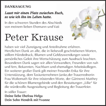 Traueranzeige von Peter Krause von WVG - Wochenspiegel Dessau / Köthen