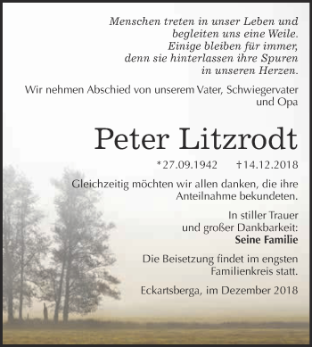 Traueranzeige von Peter Litzrodt von WVG - Wochenspiegel NMB / WSF / ZTZ