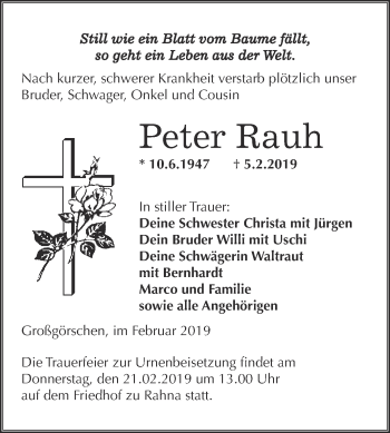 Traueranzeige von Peter Rauh von Super Sonntag Merseburg