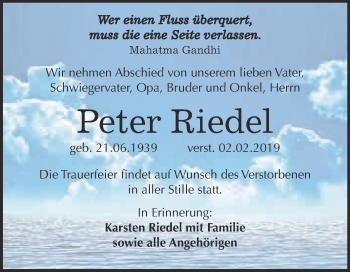 Traueranzeige von Peter Riedel von WVG - Wochenspiegel NMB / WSF / ZTZ