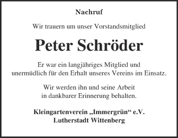 Traueranzeige von Peter Schröder von Super Sonntag Wittenberg