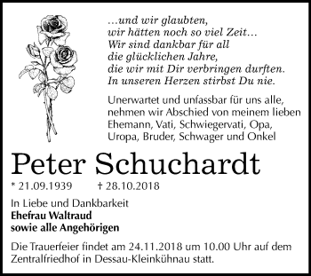 Traueranzeige von Peter Schuchardt von Mitteldeutsche Zeitung Dessau-Roßlau