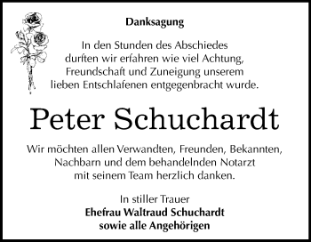 Traueranzeige von Peter Schuchardt von WVG - Wochenspiegel Dessau / Köthen