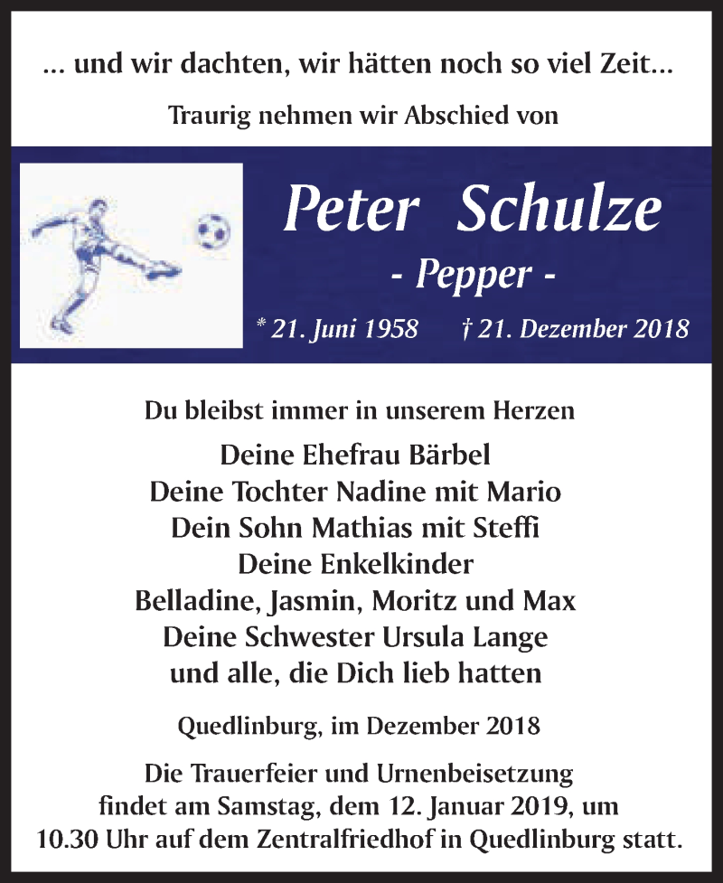  Traueranzeige für Peter Schulze vom 31.12.2018 aus WVG - Wochenspiegel Quedlinburg
