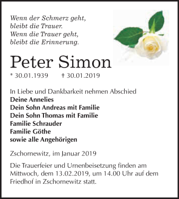 Traueranzeige von Peter Simon von WVG - Wochenspiegel Wittenberg