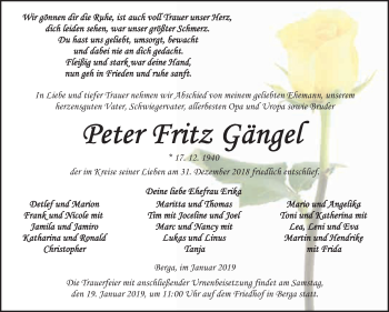 Traueranzeige von Peter Fritz Gängel von Super Sonntag SGH Mansf. Land