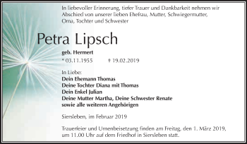 Traueranzeige von Petra Lipsch von Super Sonntag SGH Mansf. Land