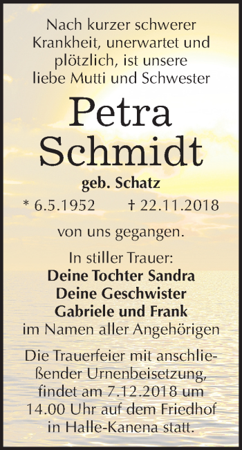 Traueranzeige von Petra Schmidt von Mitteldeutsche Zeitung Halle/Saalkreis
