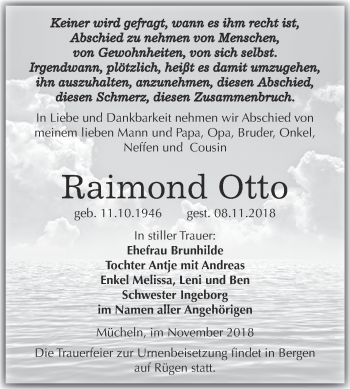 Traueranzeige von Raimond Otto von WVG - Wochenspiegel Merseburg