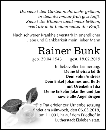 Traueranzeige von Rainer Bunk von Mitteldeutsche Zeitung Mansfelder Land