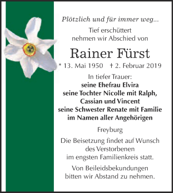 Traueranzeige von Rainer Fürst von WVG - Wochenspiegel NMB / WSF / ZTZ