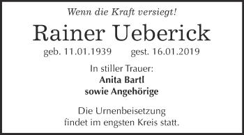 Traueranzeige von Rainer Ueberick von WVG - Wochenspiegel Wittenberg