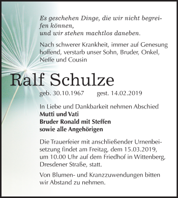 Traueranzeige von Ralf Schulze von Mitteldeutsche Zeitung
