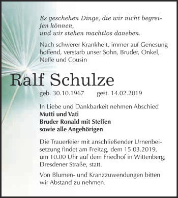 Traueranzeige von Ralf Schulze von WVG - Wochenspiegel Wittenberg