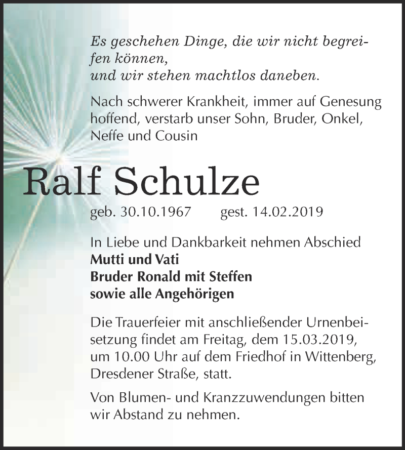  Traueranzeige für Ralf Schulze vom 23.02.2019 aus WVG - Wochenspiegel Wittenberg