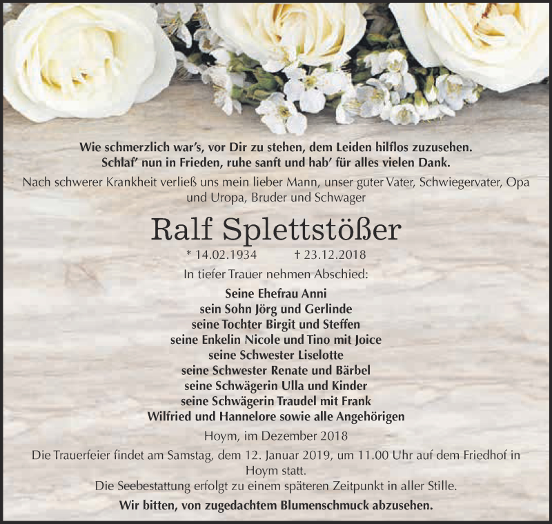  Traueranzeige für Ralf Splettstößer vom 31.12.2018 aus Super Sonntag Aschersleben