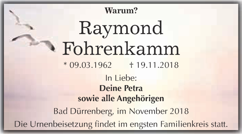  Traueranzeige für Raymond Fohrenkamm vom 24.11.2018 aus Super Sonntag Merseburg
