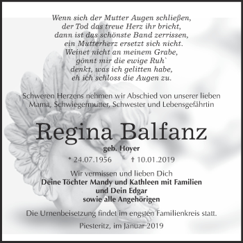 Traueranzeige von Regina Balfanz von Super Sonntag Wittenberg