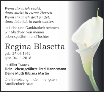 Traueranzeige von Regina Blasetta von WVG - Wochenspiegel Wittenberg