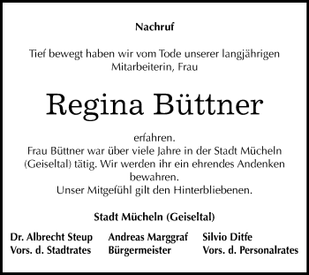 Traueranzeige von Regina Büttner von Mitteldeutsche Zeitung Merseburg/Querfurt