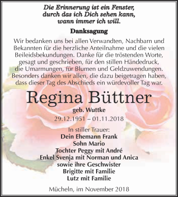 Traueranzeige von Regina Büttner von WVG - Wochenspiegel Merseburg
