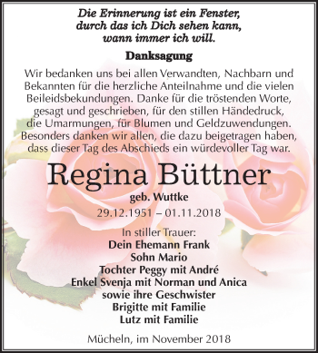 Traueranzeige von Regina Büttner von Mitteldeutsche Zeitung Merseburg/Querfurt