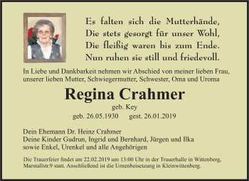 Traueranzeige von Regina Crahmer von Super Sonntag Wittenberg
