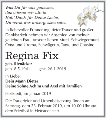 Traueranzeige von Regina Fix von Mitteldeutsche Zeitung Mansfelder Land