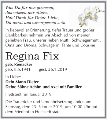Traueranzeige von Regina Fix von Super Sonntag SGH Mansf. Land