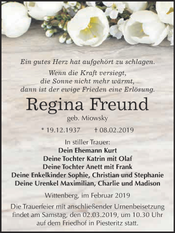 Traueranzeige von Regina Freund von WVG - Wochenspiegel Wittenberg