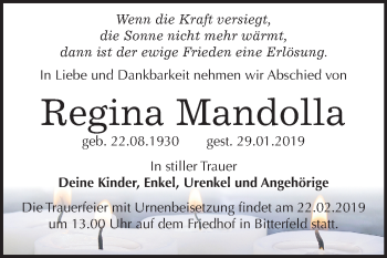 Traueranzeige von Regina Mandolla von Mitteldeutsche Zeitung Bitterfeld
