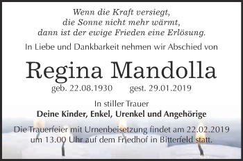 Traueranzeige von Regina Mandolla von WVG - Wochenspiegel Bitterfeld