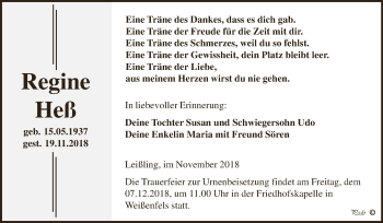 Traueranzeige von Regine Heß von WVG - Wochenspiegel NMB / WSF / ZTZ