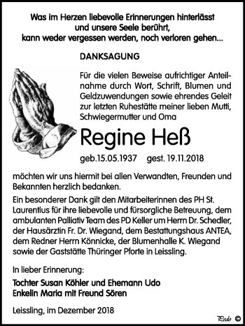 Traueranzeige von Regine Heß von WVG - Wochenspiegel NMB / WSF / ZTZ