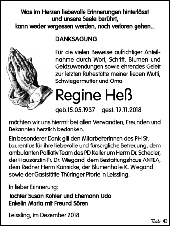 Traueranzeige von Regine Heß von Mitteldeutsche Zeitung Weißenfels