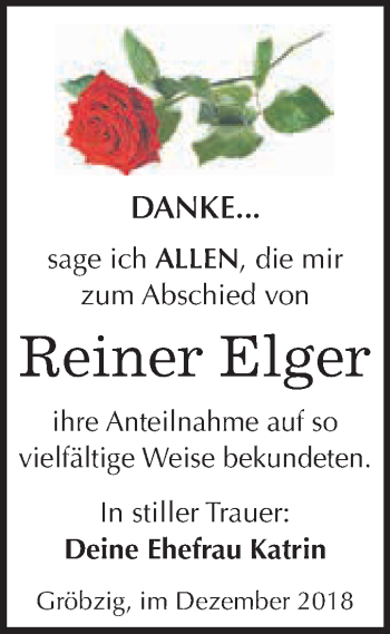 Traueranzeige von Reiner Elger von WVG - Wochenspiegel Dessau / Köthen