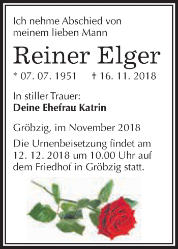 Traueranzeige von Reiner Elger von WVG - Wochenspiegel Dessau / Köthen