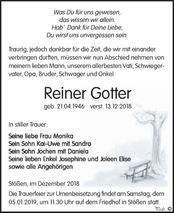Traueranzeige von Reiner Gotter von WVG - Wochenspiegel NMB / WSF / ZTZ