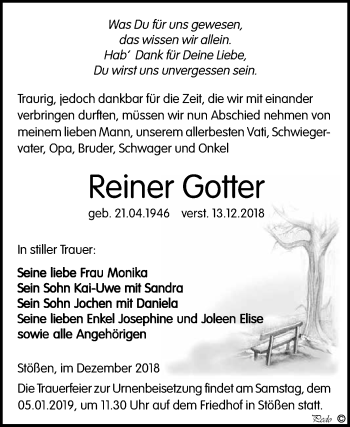 Traueranzeige von Reiner Gotter von WVG - Wochenspiegel NMB / WSF / ZTZ