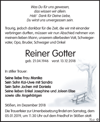 Traueranzeige von Reiner Gotter von Mitteldeutsche Zeitung Weißenfels