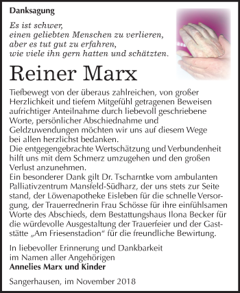 Traueranzeige von Reiner Marx von Mitteldeutsche Zeitung Sangerhausen